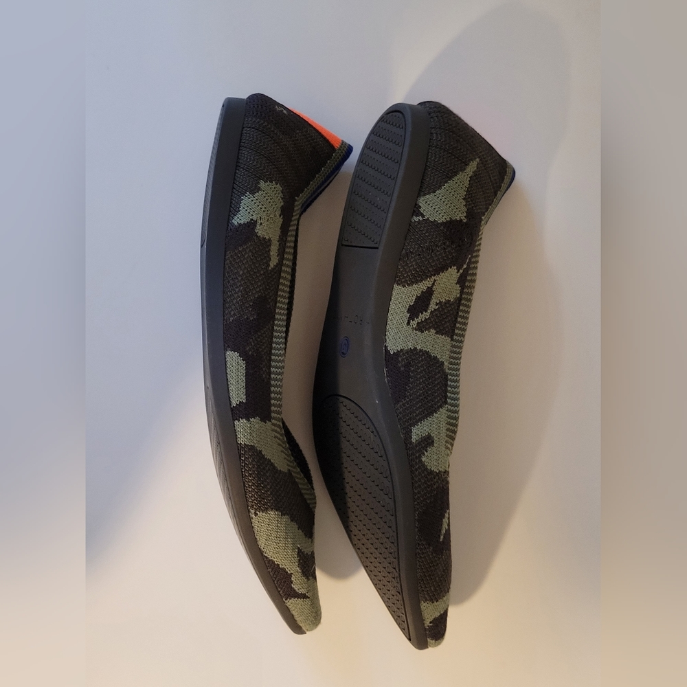 Rothy's Camouflage Pointed Toe Flats in Black and Green with Blue Trim - Picture 2 of 6